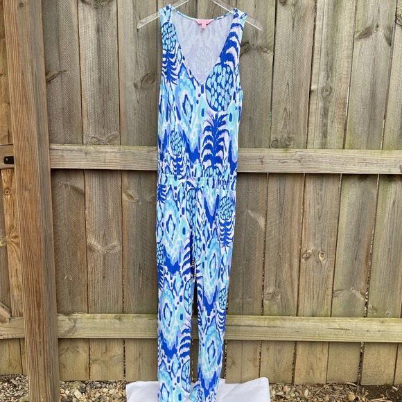 Lilly Pulitzer Women Paulina Jumpsuit in Tropi Call Me V-Neck Stretch Blue Small - Picture 4 of 12